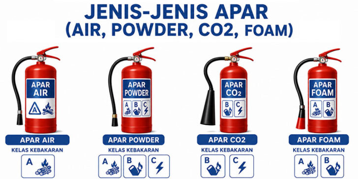 Jenis APAR air powder CO2 foam untuk kelas kebakaran